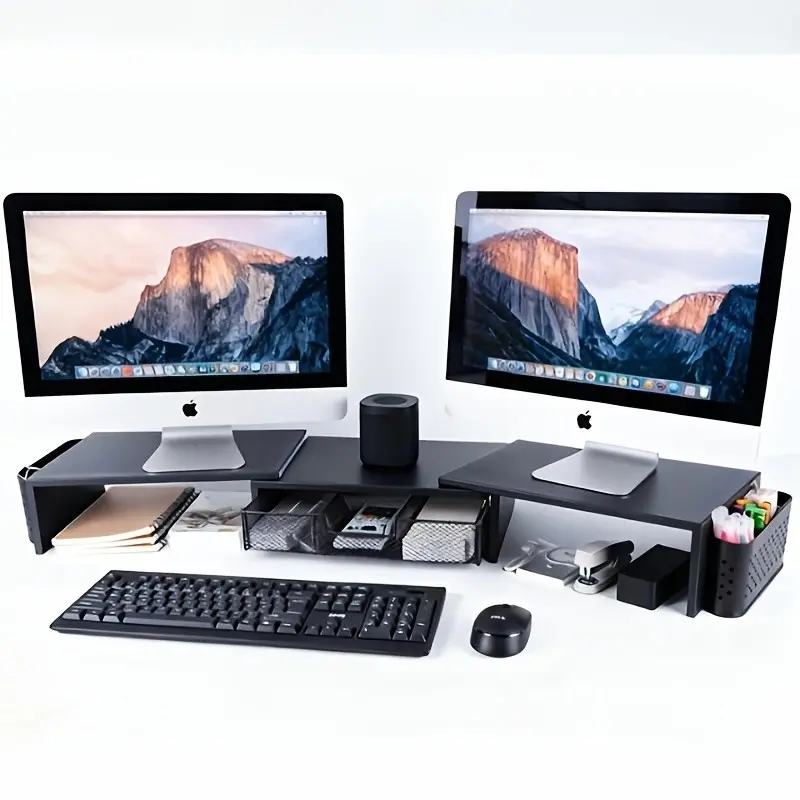 [Adjustable Metal Stand] Dual Monitor Stand Riser With Drawer & Storage Shelf, Adjustable Computer Monitor Stand Height Increase, Office Desk Organizer For Screen, Keyboard, Office Supplies, Metal Storage Rack For Home Office