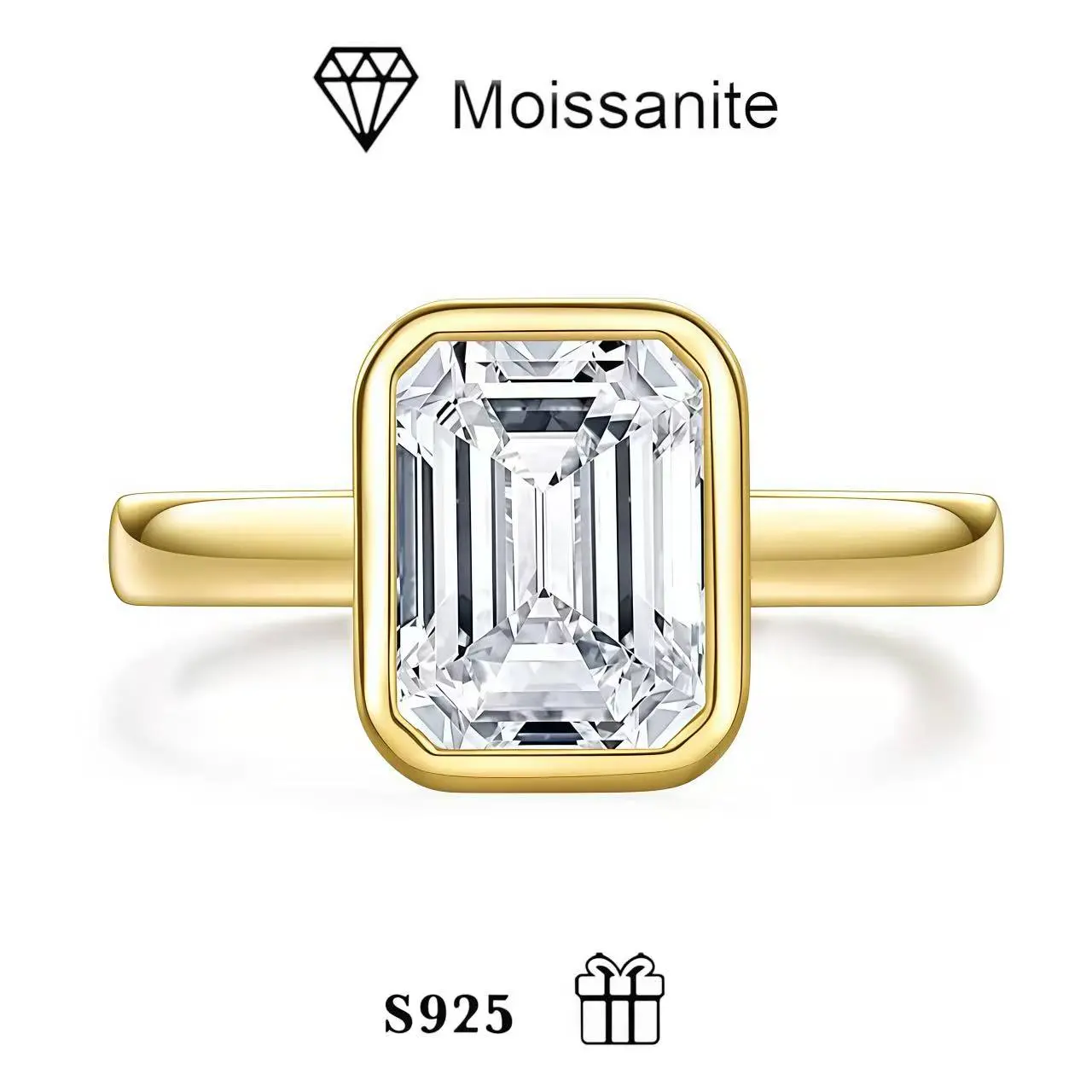 Women's 925 Silver Electroplated Color-Retention Emerald Cut Solitaire Ring, Emerald Moissanite Engagement Ring for Jewelry Making (DIY Beading Supplies), Engagement Rings