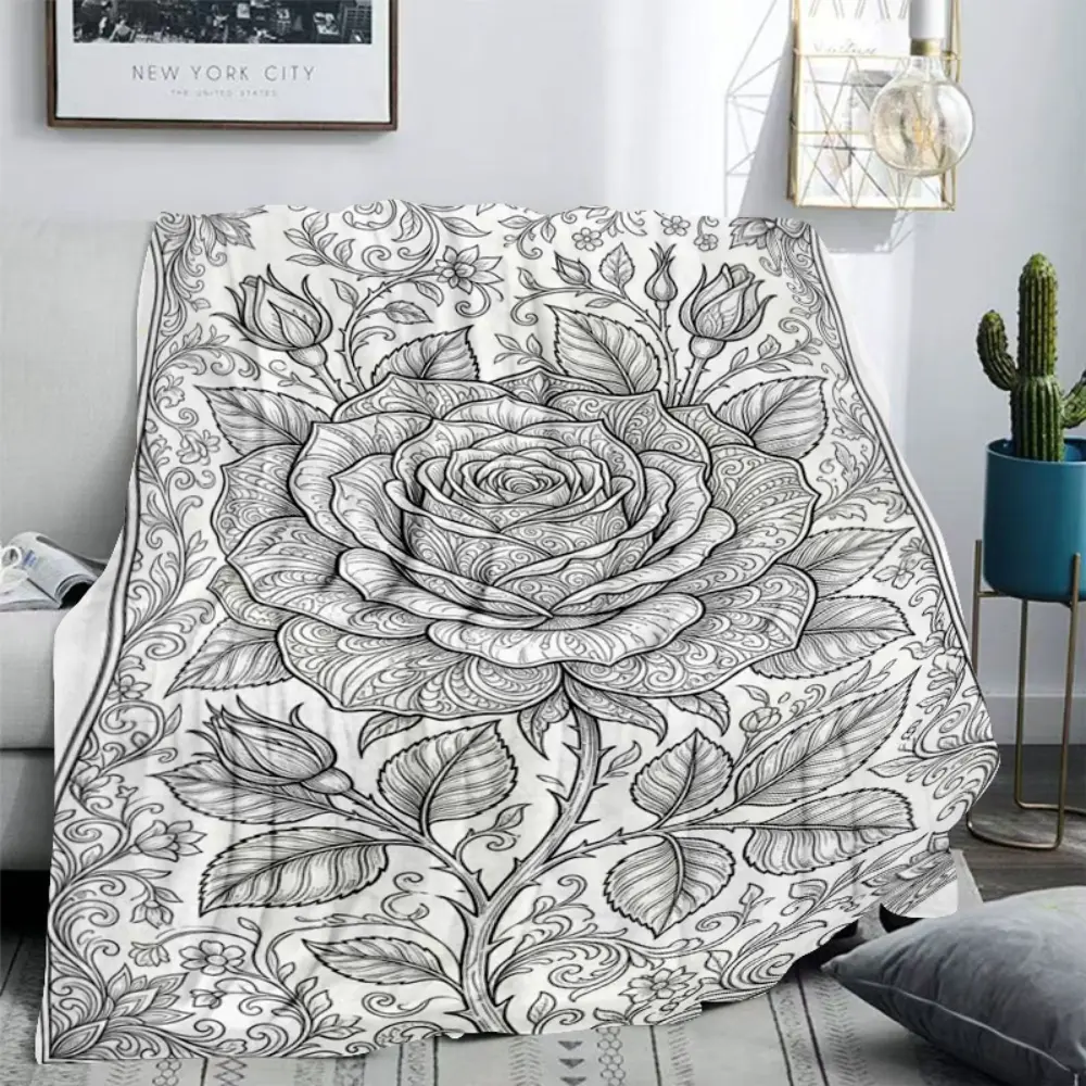 Rose Flower Coloring Book Style Blanket, Soft Flannel Throw Blanket with Black White Floral Mandala Rose Print, Cozy Gift for Women Girls Teens and Art Lovers, Elegant Flower Blanket for Bed Couch Sofa Bedroom Dorm, Lightweight Warm Blanket