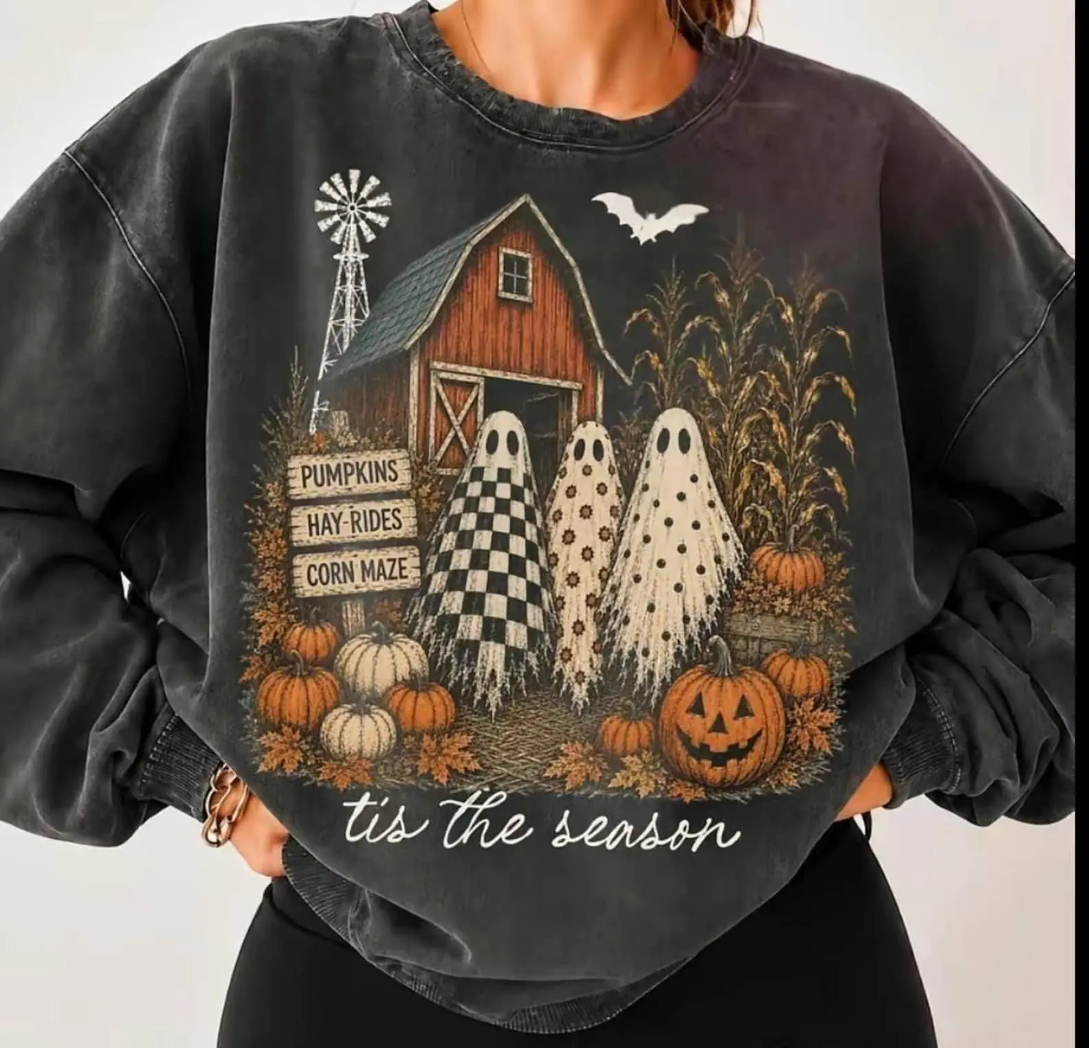 Vintage Ghost Trio Sweatshirt, Pumpkin Patch Halloween Crewneck, Checkered Floral Polka Dot Ghost Graphic, Cozy Fall Sweatshirt