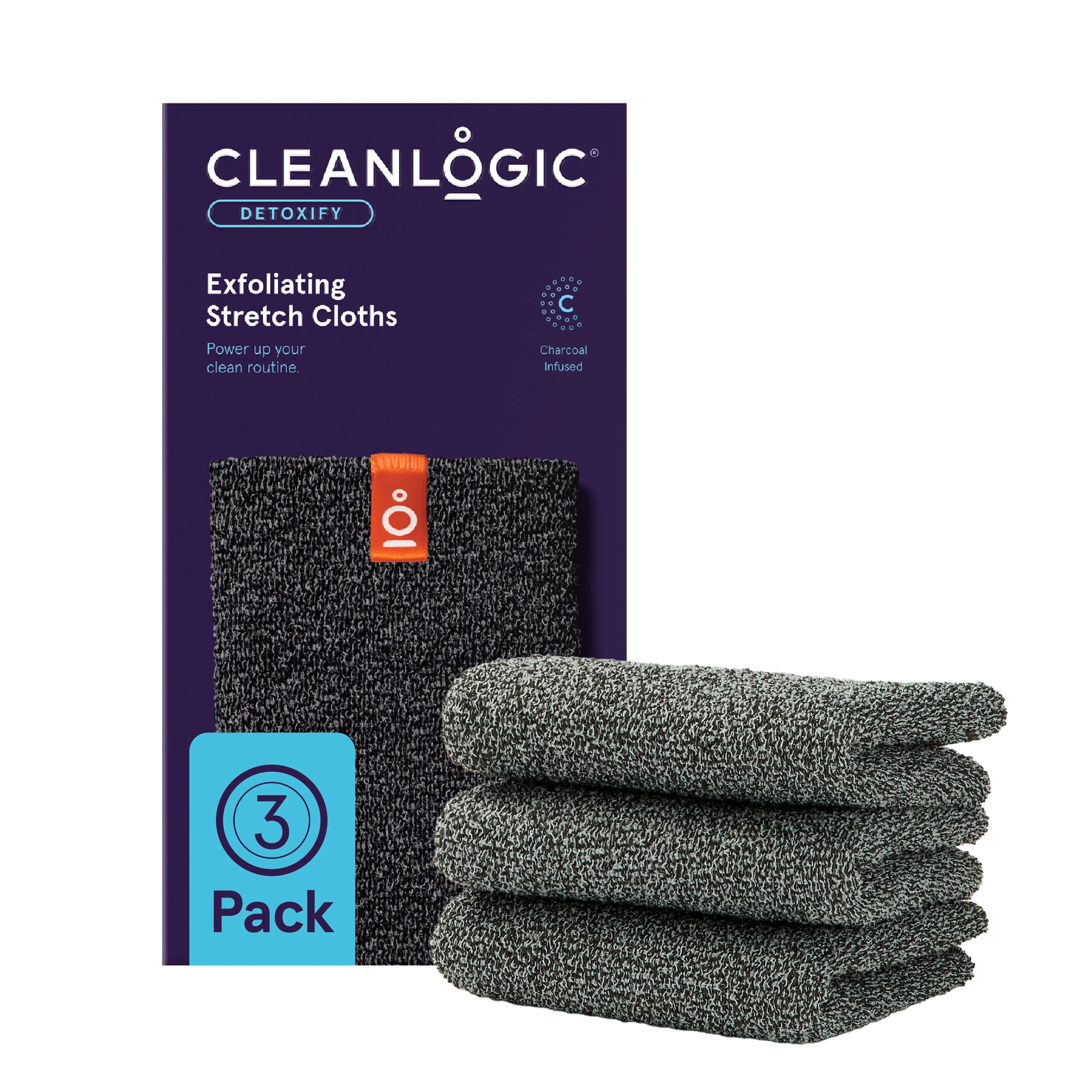 Cleanlogic Detoxify Exfoliating Stretch Cloths – Charcoal-Infused Body Washcloths for Deep Clean & Hard-to-Reach Areas (3 Pack) Bath Personal