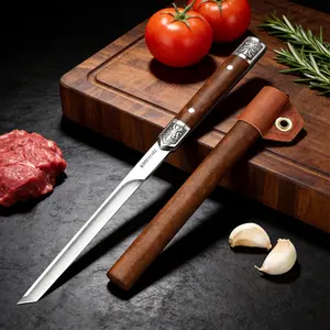 Professional M390 Slicing Knife for Kitchen & Outdoor - Ultra Sharp Japanese Knife Style with High Hardness Blade, Faux Wood Handle & Sheath - Multi-purpose Tool for BBQ, Meat, Fruits