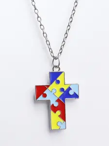 Autism Awareness Ribbon Puzzle Necklace Earrings, Multicolor Enamel Puzzle Pendant Necklace, Autism Support Jewelry Accessories