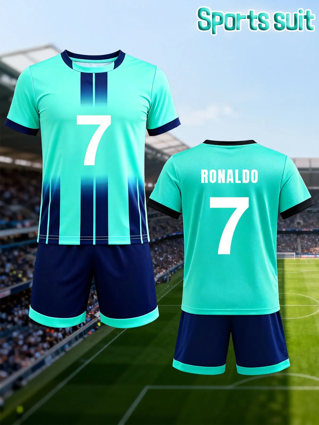 Boys' Football Jersey & Shorts Set, "No. 7 RONALDO" & Colorblock Striped Pattern, Casual Round Neck Soccer Jersey & Elastic Waist Shorts, Suitable for Outdoor Activities, Spring & Summer Football Uniform, Sportswear Set