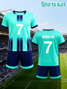 Boys' Football Jersey and Shorts Set (No. 7 RONALDO Style): Turquoise and blue color block with stripe decoration - casual round neck - suitable for outdoor sports, worn outdoors in spring and summer Soccer Jersey Football Uniform Sportswear Set