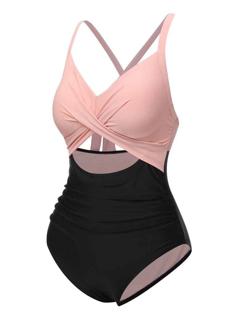 PINK & BLACK 1940S HOLLOW WAIST PATCHWORK SWIMSUIT Women's Swimoutfit 82% Polyester 18% Elastane Medium Stretch Wireless Bra Non-removable Pads