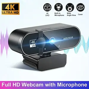 4K Webcam with Privacy Cover, Full HD Network Camera for Online Learning and Remote Work, Auto Focus and Exposure, 360° Rotation, USB Compatibility