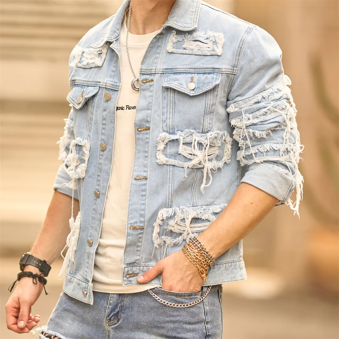 Men's Street Style Distressed Denim Jacket, Slim Fit Ripped Long Sleeve Plain Coat, Casual Menswear Tops, Denim Bomber Jacket, Jacket Coat