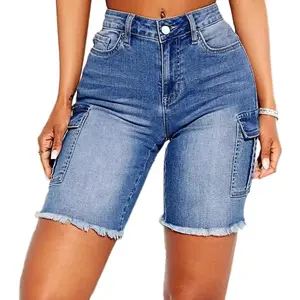 High-Waist Retro Denim Shorts with Raw Hem & Flap Pockets, Slim Fit Washed Blue Distressed Knee-Length Jeans for Women - Spring/Summer Plus Size Street Style, Summer Shorts | Distressed Jeans | Cotton Denim Womenswear Bottom Basic Pants Trouser Minimalist