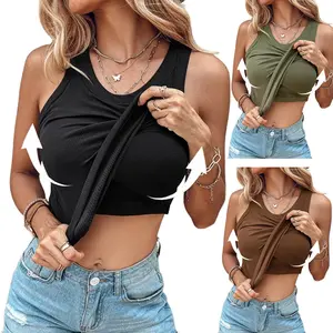 Women's Ribbed Built-in Bra Tank Top, Casual Short Sleeveless Plain Skinny Stretchy Racerback Padded Top, Comfortable Supportive Everyday Basic for Going Out
