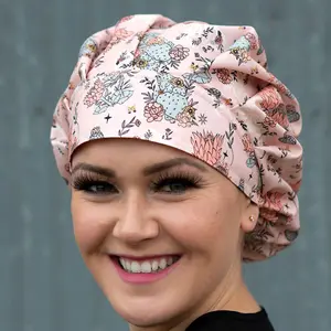 KimKaps Boho Beats Scrub Cap with Hearts & Cactus Design Peach Ribbons Bouffant Ponytail European Tieback 100% Cotton Made in USA