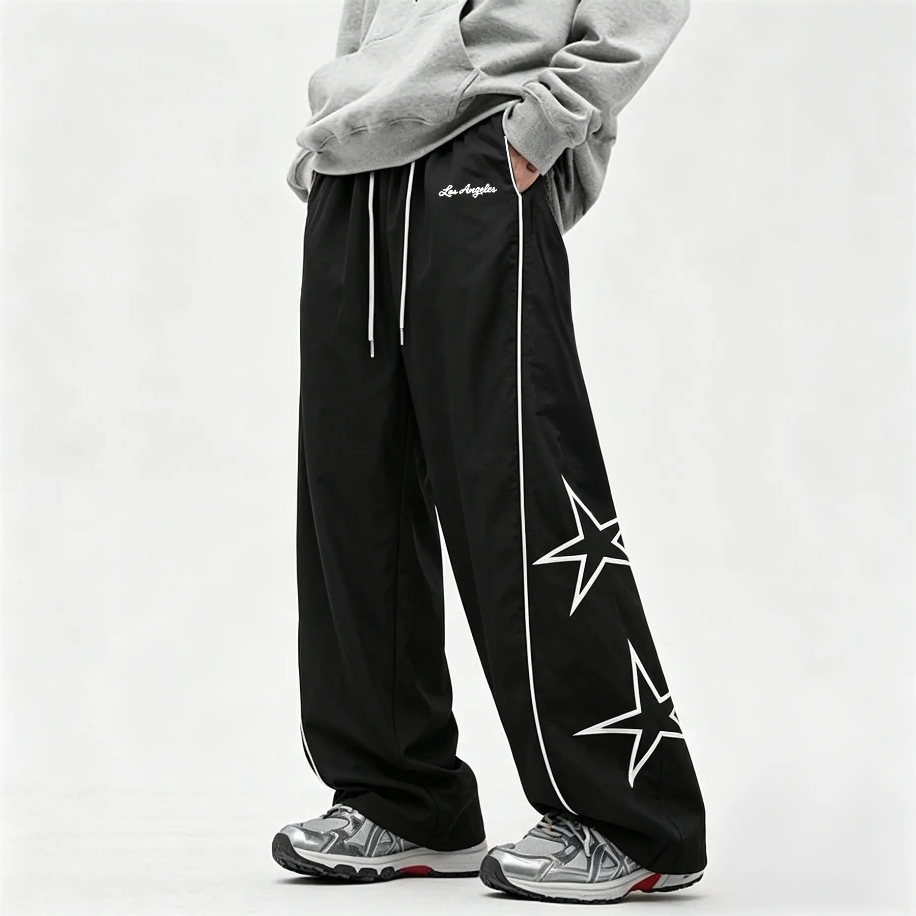 Mens Baggy Track Pants Y2K Star Graphic Pants with Contrast Side Piping Letter Logo Loose Fit Drawstring Waist Streetwear Trousers for Summer Outfits Fit Inspo Spring Fashion Dance Travel Lounge Daily Wear Festival Weekend Outing Street Dance