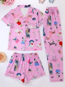 3-Piece Cartoon Dog Print Women's Pajama Set, Casual All-Season Home Wear, Loungewear, Nightwear, Button Pocket Shirt, Elastic Pants, Comfortable Daily