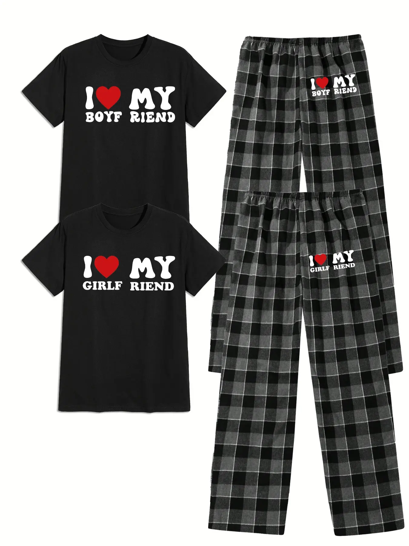Men's Summer Casual Plaid Couple Sleepwear Set, Letter Heart Print Design, Round Neck Short Sleeve Pullover and Long Pants, Soft Knit Polyester, Clothes
