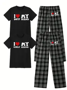 Men's Summer Casual Plaid Couple Sleepwear Set, Letter Heart Print Design, Round Neck Short Sleeve Pullover and Long Pants, Soft Knit Polyester