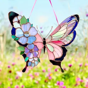 Butterfly Floral Acrylic Suncatcher Pink Purple Butterfly Window Hanging Botanical Nature Decor Gift For Her
