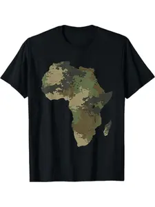 Mens Africa Continent Map Camo T-Shirt - Black Safari Graphic Tee, All-Season Casual Shirt for Travel, Casual Attire & Themed Events - Machine Washable Cotton Top, Travel Clothing, Continent Print, Lightweight Tee, Printed Tshirt, Outdoor Enthusiasts