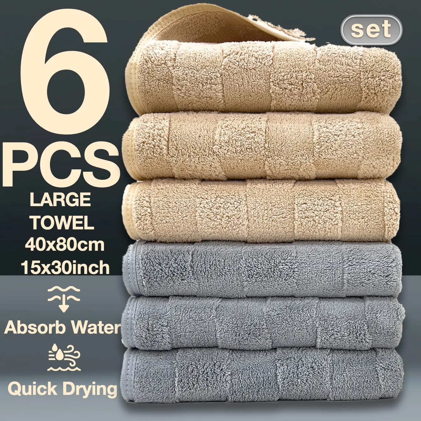 Thickened Large Hand Towels Set (6 Pieces), 80x40 Cm, High Absorbency, No Shedding, Quick Drying Towel, Ideal for Autumn Winter Sports, Absorbent Thickened Towels