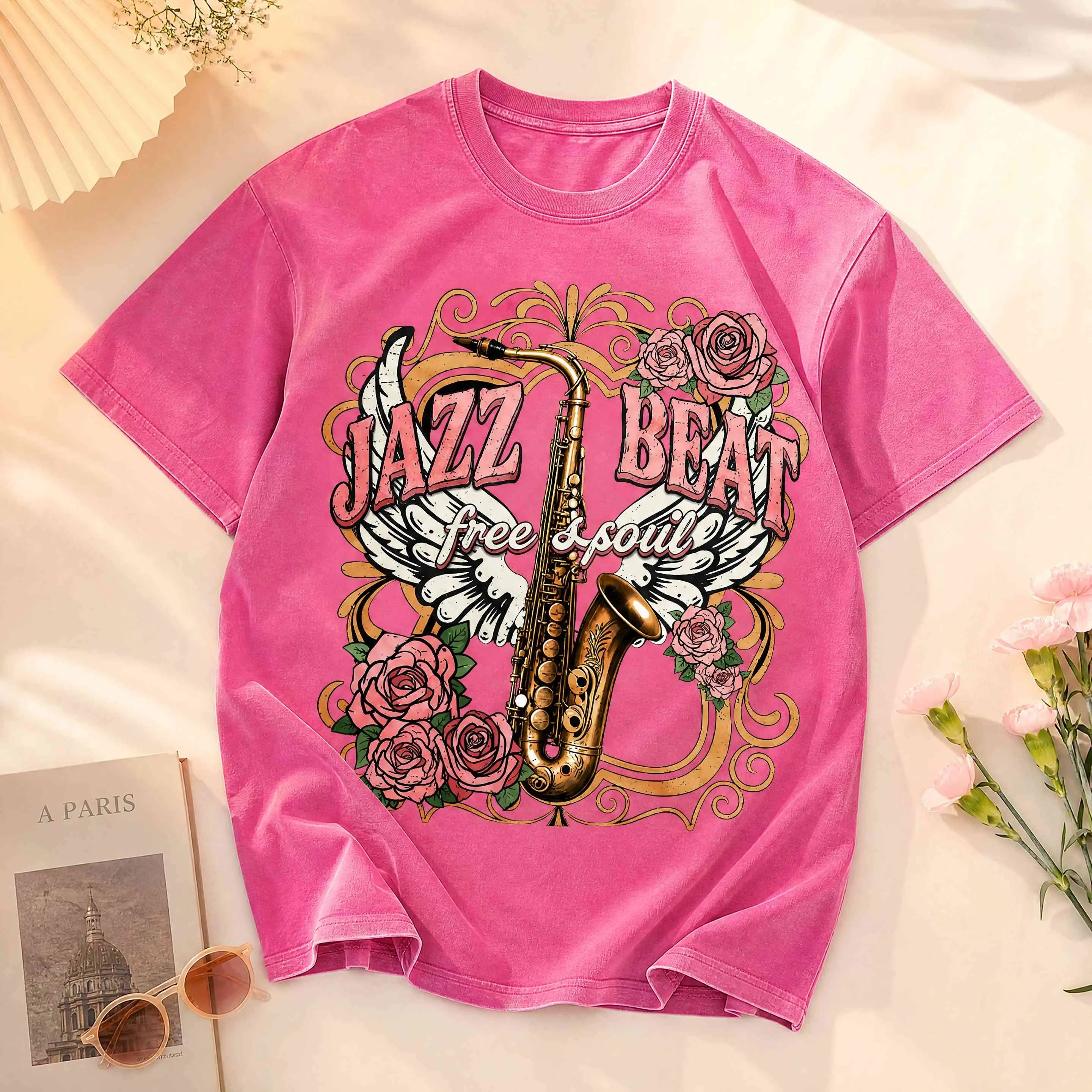 Vintage Pink Jazz Saxophone Washed T-Shirt 230GSM Heavyweight Retro Free Soul Graphic Tee Unisex Oversized Short Sleeve Top
