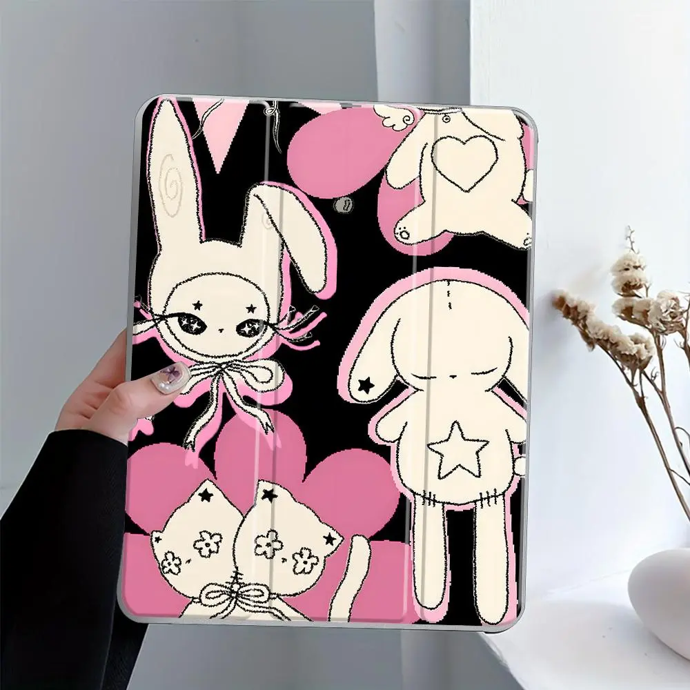 Dark Kawaii Bunny & Cat iPad Case, Tablet Protective Cover, Tri-Fold Stand Case for iPad, Transparent Acrylic Hard Back,Pink Goth Aesthetic,Pencil and Charger Slots, Ultra-Thin Scratch-Resistant Design for iPad 10.2inch, Mini, Pro, Air, Ipad Accessories
