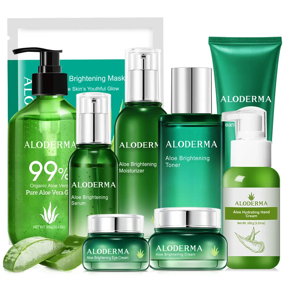 ALODERMA Ultimate Aloe Brightening Set, 9-Piece Organic Aloe Skincare Kit with Moisturizers & Serum for Radiant, Dewy Skin, Radiant Skin, Soft Skin, Moisturizers & Mists