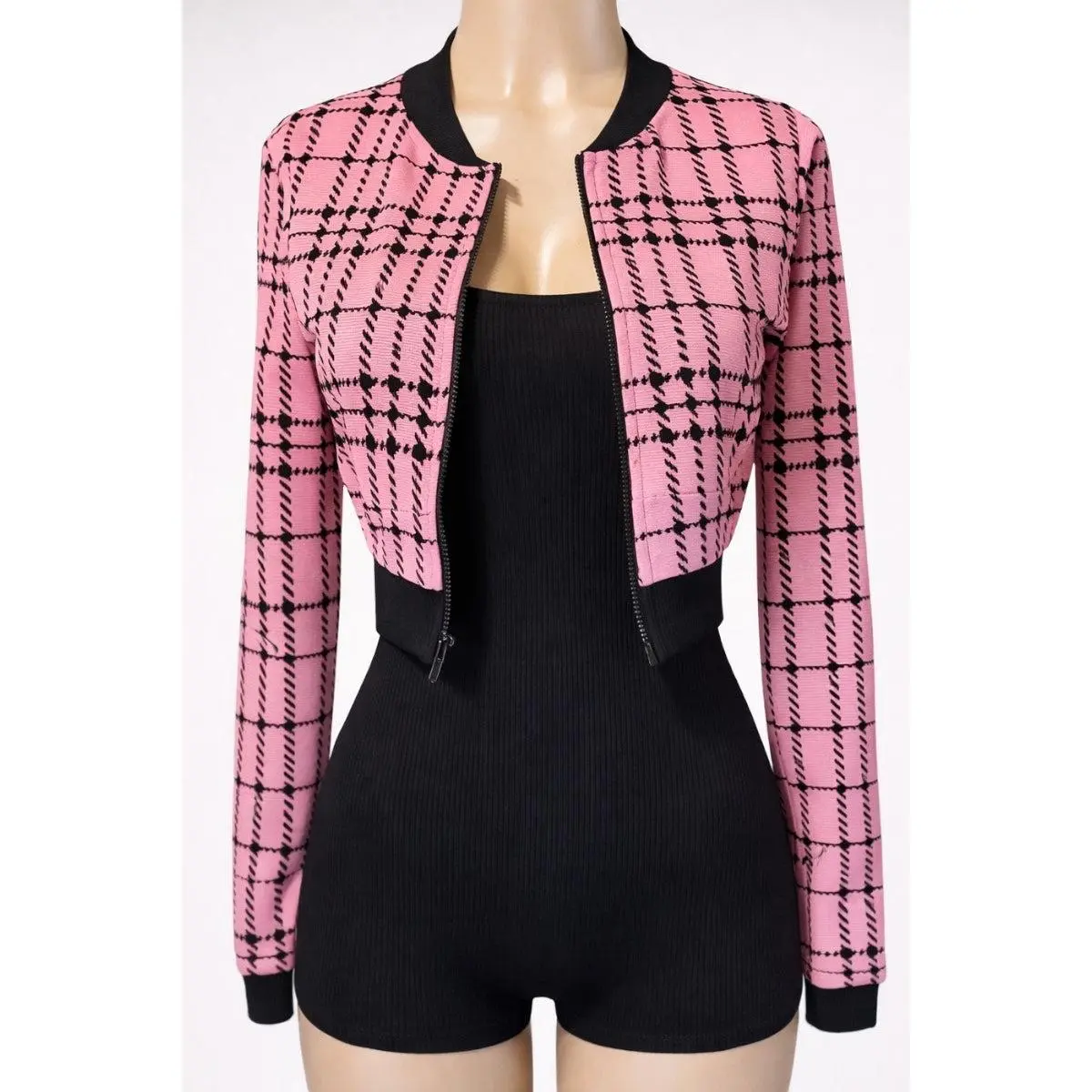 Ribbed Romper W/ Plaid Sweater Set #TP4086
