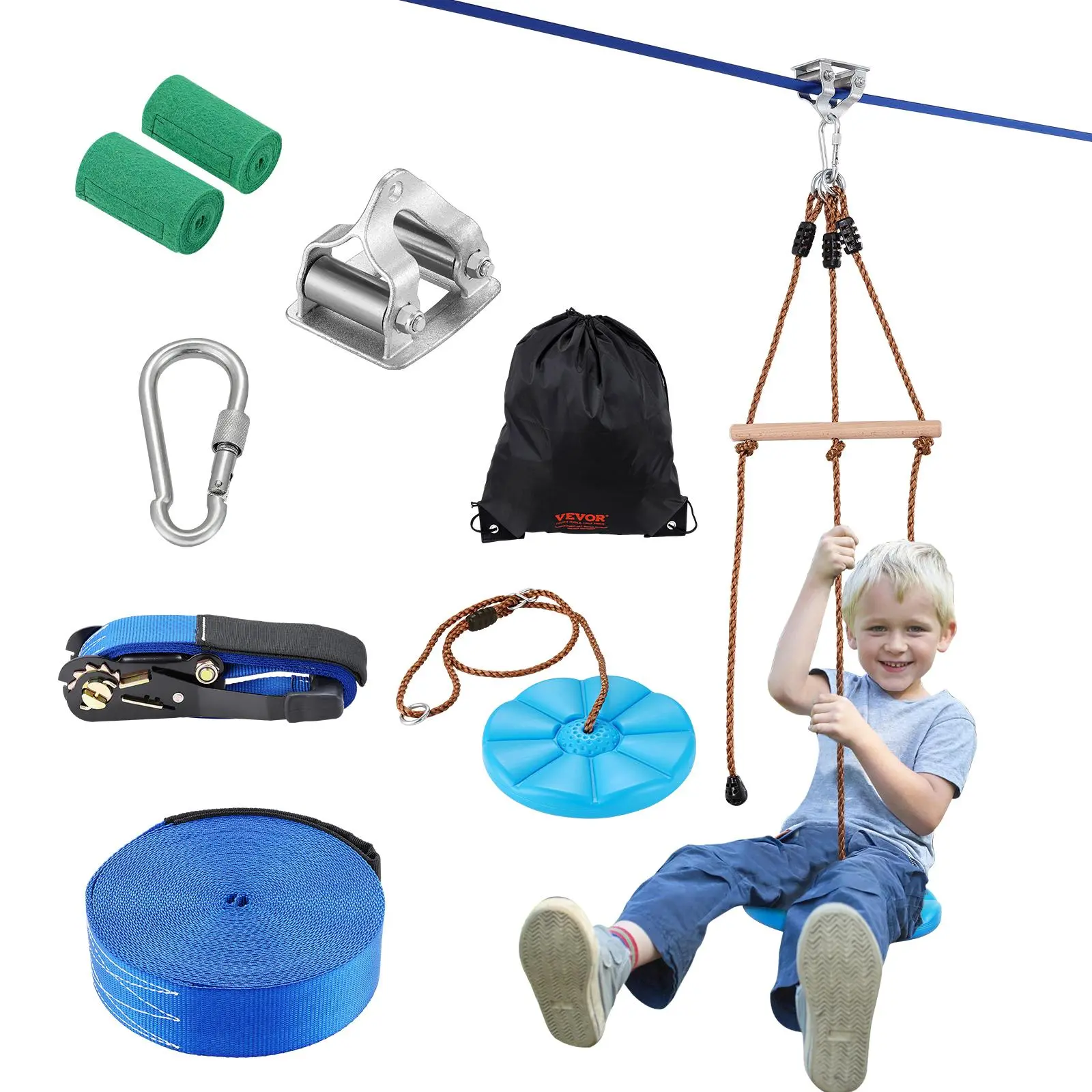 【DealsForYouDays】VEVOR Zipline Kit for Kids and Adult, 52 ft Zip Line Kits Up to 500 lb, Backyard Outdoor Quick Setup Zipline, Playground Entertainment with Zipline, Nylon Safety Harness, Seat, and Handlebar