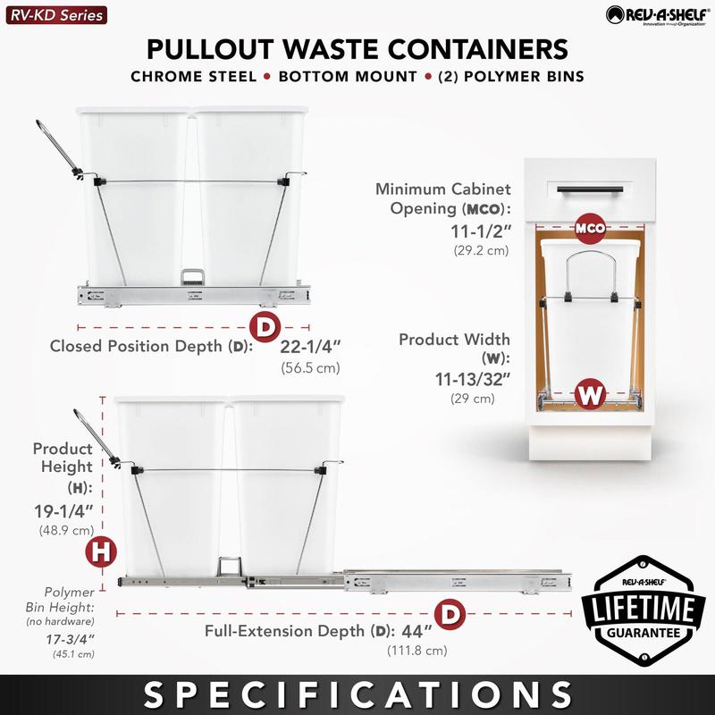 Rev-A-Shelf Double Pull Out Trash Can 27 Qt for Kitchen, White, RV-15KD-11C S