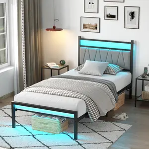CollaredEagle Twin/Full Size Bed Frame with Charging Station, Metal Platform Bed Frame with Fabric Upholstered Headboard, No Box SpriLarge Underng Needed,  Bed Storage, Non-Slip Black/White. Bedroom Bedframe Bedroom Furniture