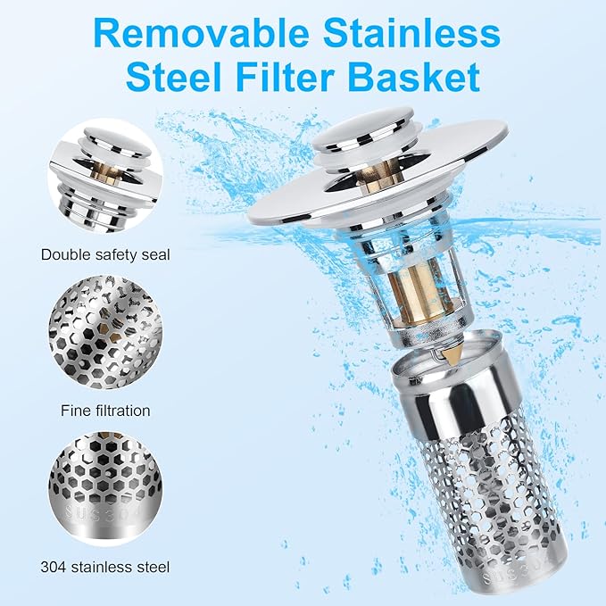 Upgrade Stainless Steel Modern Anti-Odor Bathroom Sink Stopper with Bouncing Core & Brass Pop-Up Drain Plug for Bathtub Home Goods ，universal bathtub drain stopper，bathroom sink strainer High Pressure Shower Handheld Shower Head