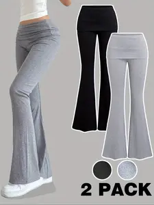 Summer Casual Flare Pants Set for Young Girls, Plain Color Pleated & Elastic Gym Shorts, 2-Piece for Teens