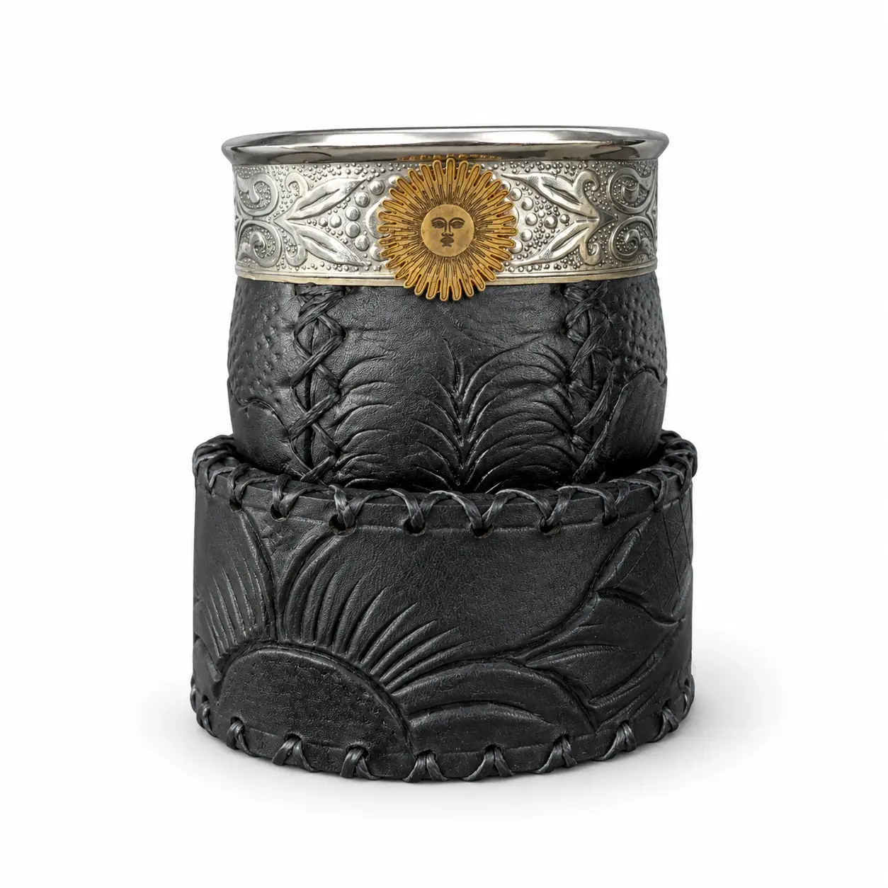 Terrava Repujado Black Leather Mate Cup | Handmade Argentine Mate & Bombilla