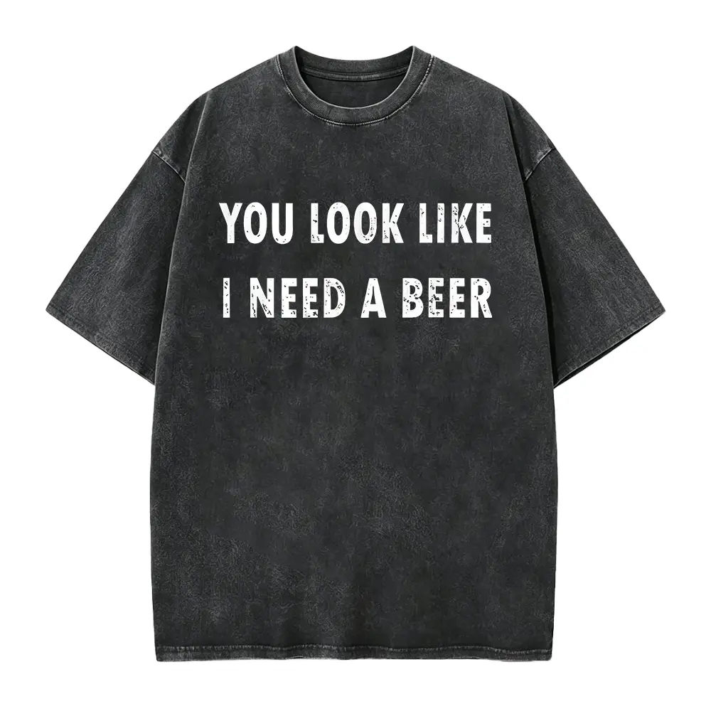 Mens 100% Cotton Short-Sleeve T-Shirt, Casual Loose Menswear with Funny "You Look Like I Need A Beer" Drinking Graphic, Breathable Fabric
