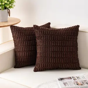 Pack of 2 Corduroy Decorative Throw Pillow Covers 18x18 Inch Soft Boho Striped Pillow Covers Modern Farmhouse Home Decor for Sofa Living Room Couch Bed（Dark Brown)