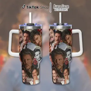 Pedro Pascal Tumbler 40oz – Pedro Pascal Coffee Cup, Celebrity Crush Gift, Gift For Fan, 40oz Tumbler With Handle