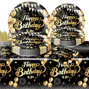Luxury Black & Gold "Happy Birthday" Tableware Set | Elegant Disposable Paper Plates & Cups | 2026 Party Decor Essentials | Perfect for Anniversaries & Adult Birthdays