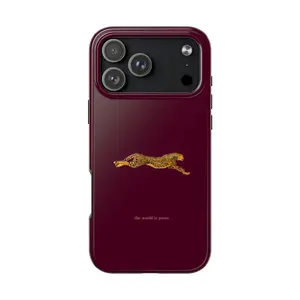 Elegant Cheetah "The World Is Yours" Phone Case, Burgundy Dark Feminine Aesthetic Tough Shockproof Double Layer Cover for iPhone 17/16/15/14/13/12 Pro Max Plus, Luxe Girly Gift