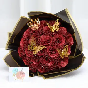 26 PCS Glitter Roses Bouquet Artificial Rose Flowers DIY Fake Red Bouquets with Stems Crown Sparkly Faux Flower for Gifts Valentine's Day Anniversary Birthday Mother