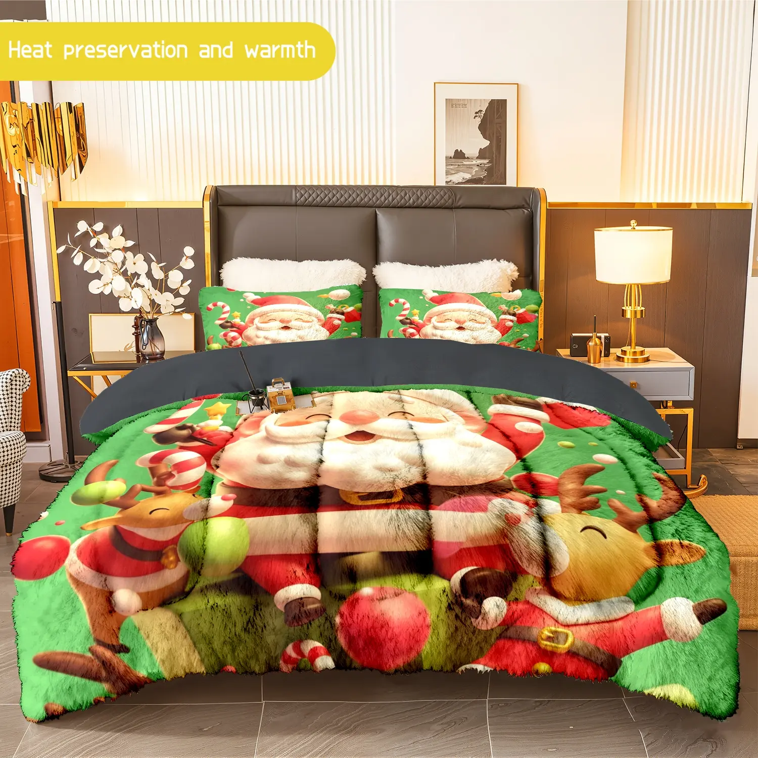 3pcs (1 comforter + 2 pillowcases) Santa Claus Pattern Flannel and Milk Velvet Comforter Set, Ultra - Soft Warm Bedding Set for Adults, Cozy Flannel Quilt Set, Trendy Bedding Essentials