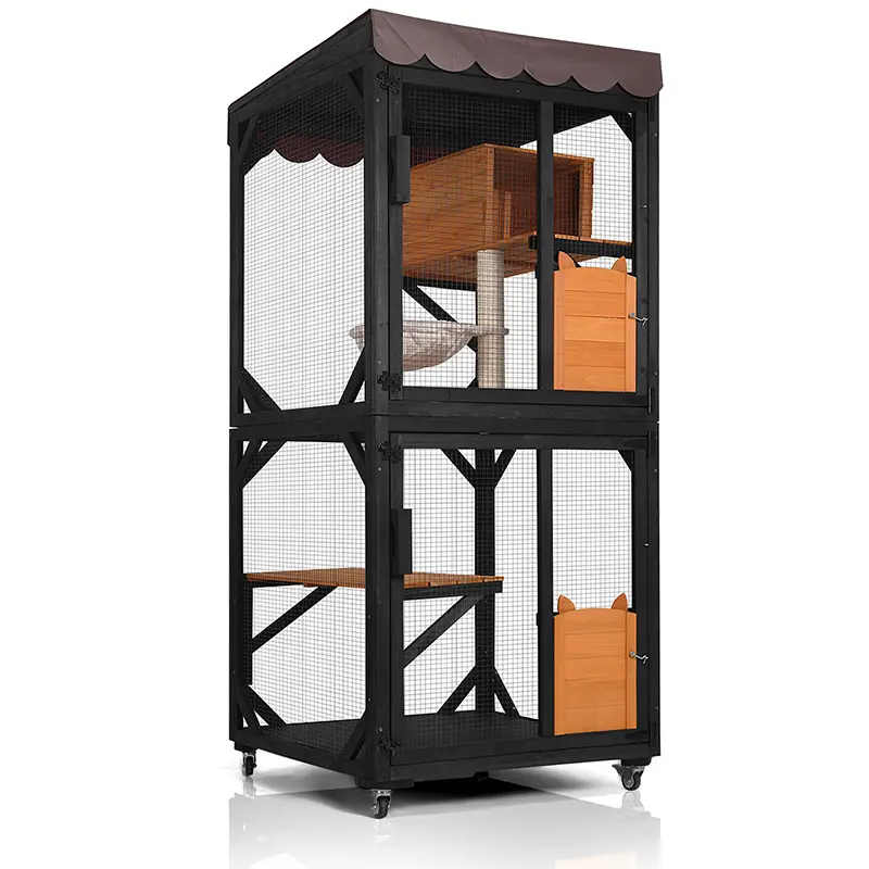 Summervibes Aivituvin-AIR7014  Outdoor Indoor Catio Cat Enclosures on Wheels Cat House 70.9" Large Kitty House with Upgraded Resting Box,Waterproof Roof Cover,Brown shelter Open-Back Wooden