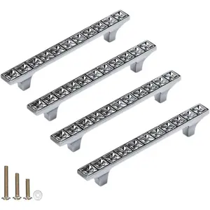 4 Pack Crystal Glass Rhinestone Cabinet Pulls Knobs Handles,Modern Decorated Shiny Dresser Drawer Konbs Pulls Handles for Cupboard Wardrobe Dresser Doors (4 Pack, 3.8" Hole Centers)