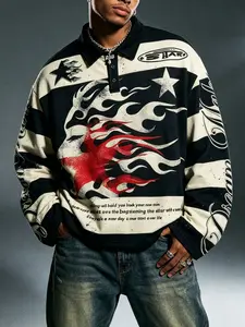 Y2K Street Style Long Sleeve Polo Shirt, All over Print, Loose Fit, Digital Printing, Unisex, Trendy American High Street Fashion