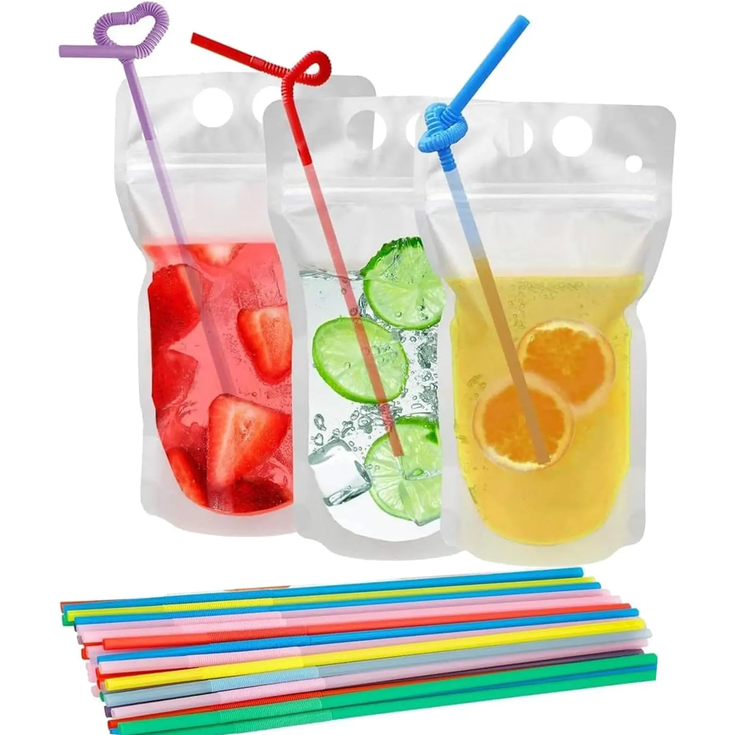 100 count Drink Pouches with Straws, Freezable Drink Bags Juice Pouches for Adults and , Reclosable Zipper Plastic Clear Drink Container Sets with Straw for Cold & Hot Drinks Party Picnic Camping