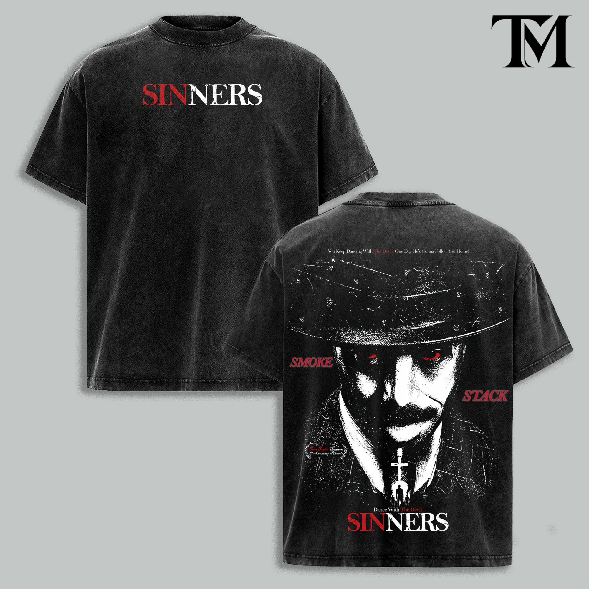 Sinners Movie Vintage Washed T-Shirt, Michael B Jordan Horror Graphic Tee, Smoke and Stack Shirt, Gothic Streetwear, Dance With The Devil Unisex Tee, Gift for Movie Fans