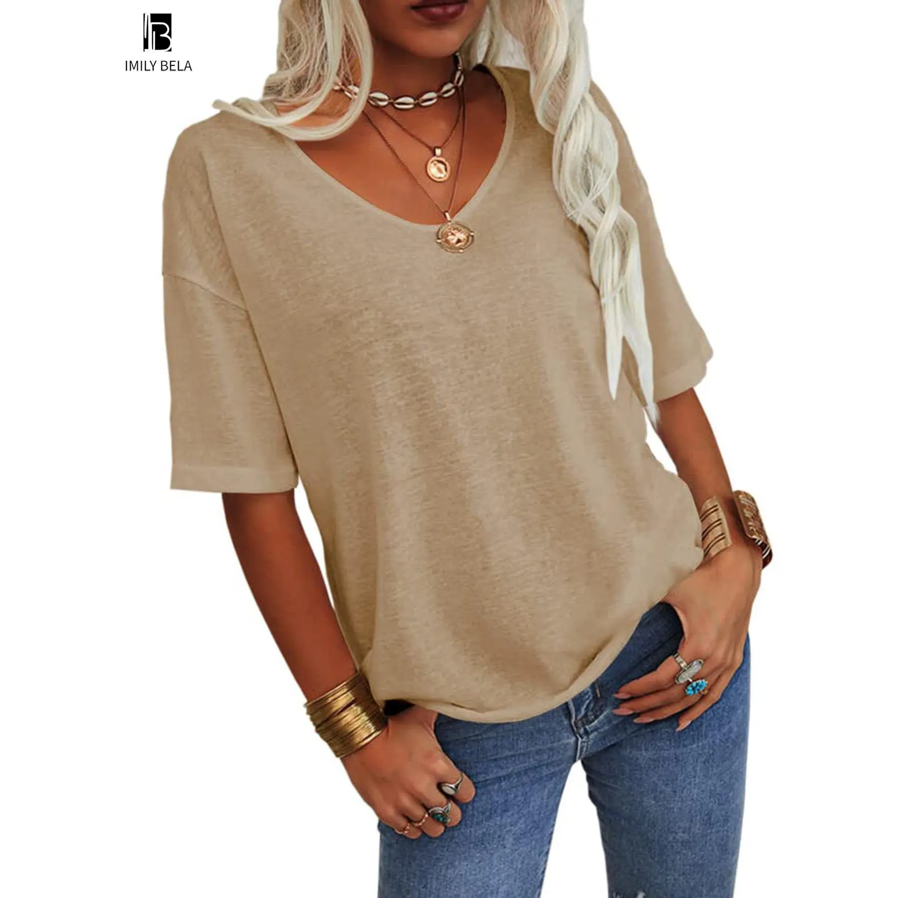 Women's Plain V Neck Drop Shoulder Tee, Casual Chic Minimalist Solid Color Half Sleeve T-shirt for Summer, Women's Basic Top for Daily Wear