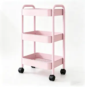 Basics 3-Tier Rolling Utility or Kitchen Cart, Lockable Wheels, Multifunctional Storage, Metal Storage Organizer, Portable, Dusty Pink