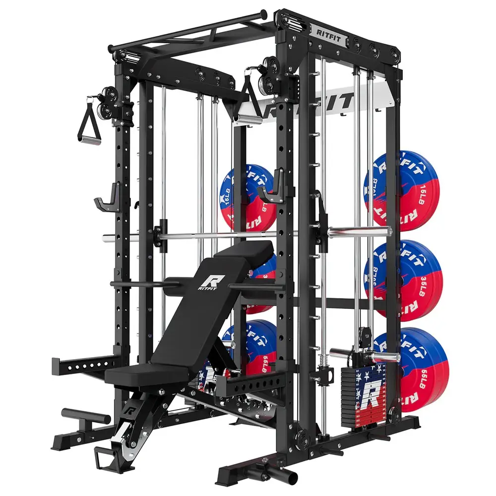Black M2 Pro with bench and 370lb patriotic plates