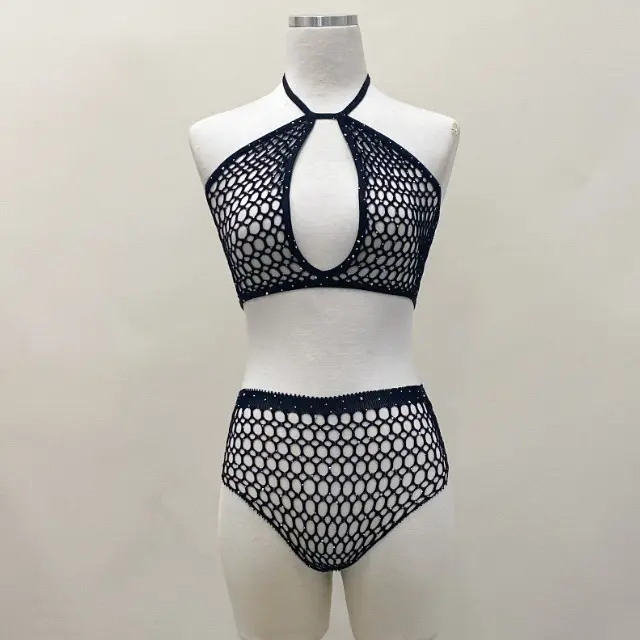 Halter Neck Fishnet Rave Outfit Two Piece Set