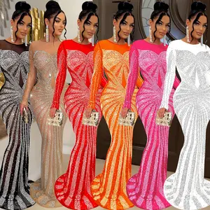 European and American Fashion Women's Solid Color Mesh See-through Rhinestone Long Sleeve Long Dress