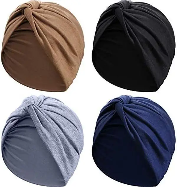4 Packs Turbans for Women Soft Pre Tied Knot Pleated African Head Wraps Cancer Turban Cap Chemo Headwrap Head Wear for Shopping, Yoga, Working out, Cleaning Face, Making Up